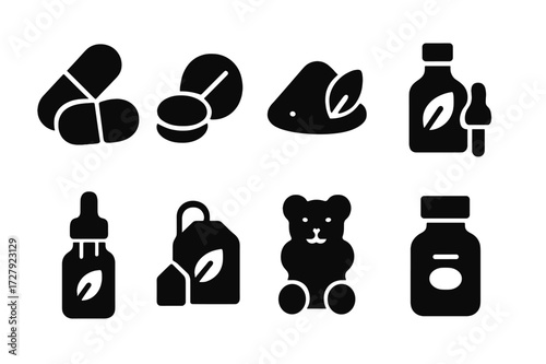 Herbal Supplements Icons. Solid, filled icon set of herbal supplements: capsules, tablets, powder, tincture, dropper bottle, herbal tea bag, gummy, extract