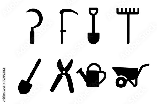 Farmer Tools Icons. Solid, filled icon set of farmer tools: sickle, scythe, shovel, rake, hoe, pruning shears, watering can, wheelbarrow. [Line icons in only