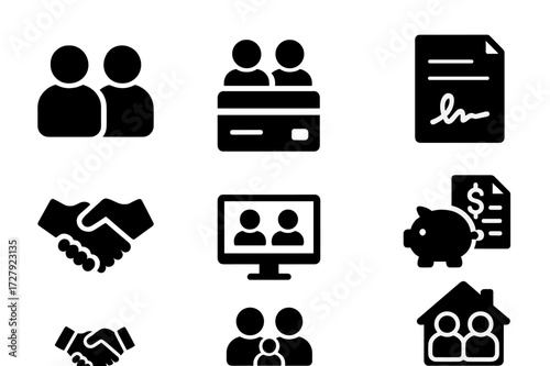 Joint Account Icons. Solid, filled icon set of joint checking accounts: two user profiles, shared card, signature icon, agreement form, dual access screen,