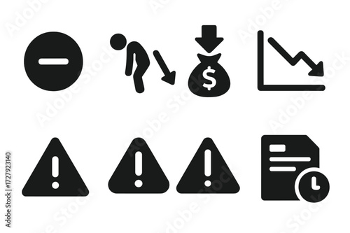 Red Numbers Alert Icons. Solid, filled icon set of red numbers concepts: negative balance, loss, debt, deficit, decline chart, warning sign, financial alert,