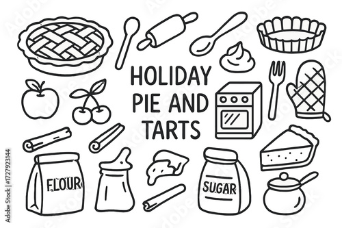 Holiday Pie Doodle. Hand-drawn doodle illustration Holiday pie and tarts [pie dish, lattice crust, rolling pin, spoon, tart pan, apple, cherry, whipped cream,
