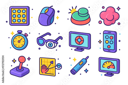 Reaction Training Icons. Reaction training. Colorful isometric vector icons set of reaction training: reflex light board, gaming mouse, quick-click button,