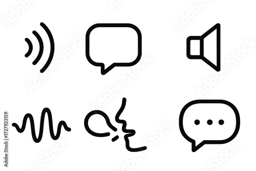 Sound and Speech Icons. Solid, filled icon set of sound waves and speech: small sound waves, minimal speech bubble, quiet tone, soft volume icon, wave with low