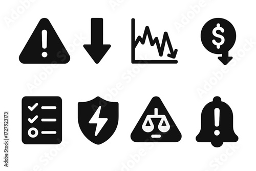 Equity Risk Icons. Solid, filled icon set of equity risk: warning sign, downward arrow, volatility graph, loss symbol, risk assessment, insurance shield, legal