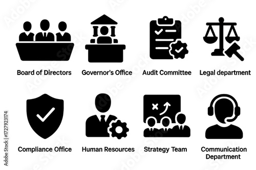 Central Bank Icons. Solid, filled icon set of central bank governance: board of directors, governor?s office, audit committee, legal department, compliance