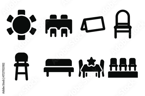 Banquet Seating Icons. Solid, filled icon set of banquet seating arrangements: round table, rectangular table, place card, banquet chair, high stool, bench