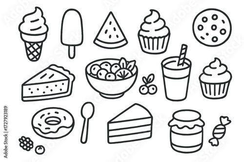 Summer Desserts Doodles. Hand-drawn doodle illustration summer barbecue desserts ice cream cone, popsicle, watermelon slice, fruit salad bowl, cupcake, cookie,