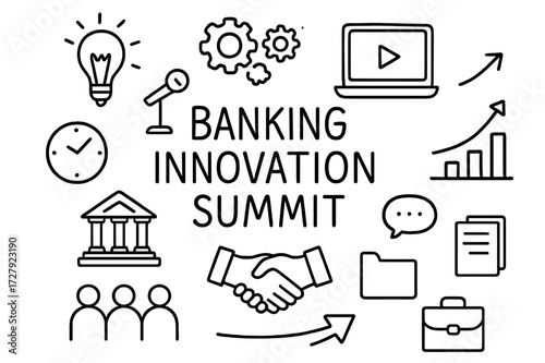 Banking Innovation Icons. Hand-drawn doodle illustration Banking innovation summit lightbulb, gears, laptop, chart, arrow, podium, microphone, handshake, bank
