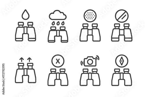 Binocular Features Icons. Outline icon set of binocular features: waterproof, fog proof, rubber coating, anti-reflective coating, adjustable eye