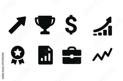 Dividend Growth Icons. Solid, filled icon set of dividend growth stocks: upward arrow, trophy, dollar sign, chart growth, star badge, financial report,