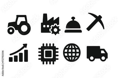 Economic Sector Icons. Solid, filled icon set of economic sectors: agriculture tractor, factory gear, service bell, mining pickaxe, finance bar chart, tech