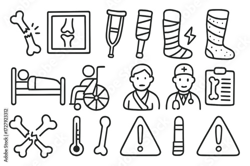 Fractured Bone Icons. Hand-drawn doodle illustration Fractured Bone broken bone, x-ray image, crutch, bandage wrap, cast, pain symbol, hospital bed,