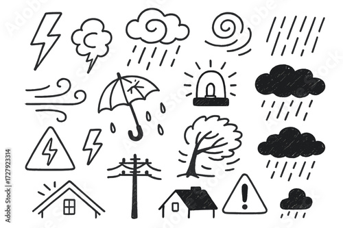 Stormy Weather Illustration. Hand-drawn doodle illustration Stormy weather [lightning bolt, thundercloud, swirling cloud, rain line, wind gusts, cracked
