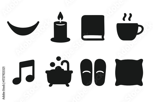 Relaxation Icon Set. Solid, filled icon set of relaxation: hammock, candle, book, cup of tea, music note, bubble bath, slippers, soft pillow. Solid, filled