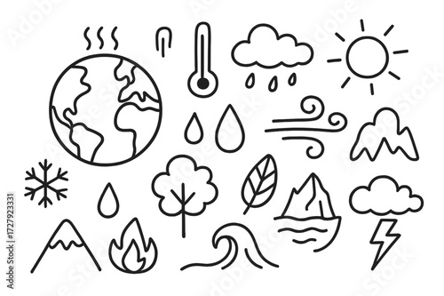 Climate Doodle Icons. Hand-drawn doodle illustration Climate change globe, thermometer, cloud, sun, snowflake, wind swirl, raindrop, fire, mountain, tree,