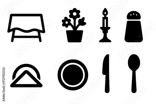 Dinner Table Icon Set. Solid, filled icon set of dinner table settings: tablecloth, centerpiece, candlestick, salt shaker, napkin holder, charger plate, bread