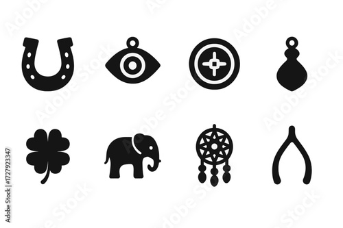 Lucky Charm Icons. Solid, filled icon set of lucky charms: horseshoe, talisman, lucky coin, amulet, clover, elephant, dreamcatcher, wishbone. [Line icons in