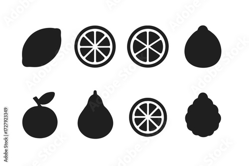 Citrus Icons Grid. Solid, filled icon set of citrus fruits: lemon, lime, orange, grapefruit, tangerine, pomelo, calamansi, bergamot. Solid, filled icons in