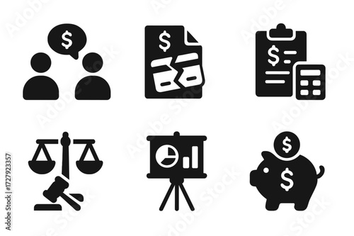 Bankruptcy Recovery Icons. Solid, filled icon set of bankruptcy recovery: debt counseling, credit repair, budgeting, payment plan, legal advice, restructuring,