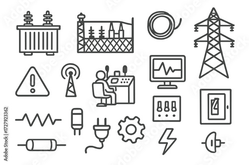 Electric Grid Doodle. Hand-drawn doodle illustration [electric grid components] [transformer, substation, cable, pylon, control center, warning symbol,