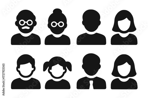 Family Icon Grid. Solid, filled icon set of family hierarchy: grandfather, grandmother, father, mother, son, daughter, uncle, aunt. Solid, filled icons in only