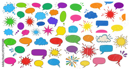 Vibrant collection of colorful speech bubbles and comic explosion shapes creating dynamic communication and ideas