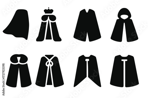 Cape Icons Collection. Solid, filled icon set of capes: superhero cape, royal cape, cloak, hooded cape, fur-lined cape, magician?s cape, battle cape,
