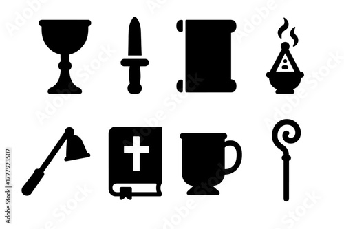 Ceremonial Tools Icons. Solid, filled icon set of ceremonial tools: chalice, knife, scroll, incense holder, candle snuffer, sacred book, ceremonial cup, staff.