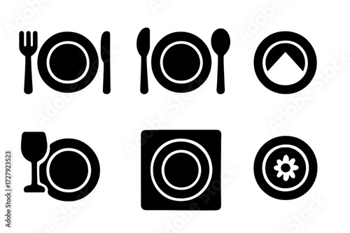 Dining Icons Collection. Solid, filled icon set of plate dining settings: plate with fork, plate with knife, plate with spoon, plate with napkin, plate with