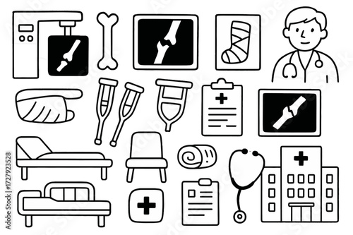 Medical Doodle Icons. Hand-drawn doodle illustration [x-ray for broken bones] [x-ray machine, bone, broken bone, cast, doctor, x-ray film, medical clipboard,