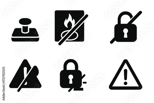 Emergency Icon Set. Solid, filled icon set of emergency shutdown: panic button, fire alarm off, emergency stop, lockdown, alert notification, security lock,