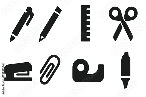 Office Supplies Icons. Solid, filled icon set of office supplies: pen, pencil, ruler, scissors, stapler, paper clip, tape dispenser, marker. [Solid, filled