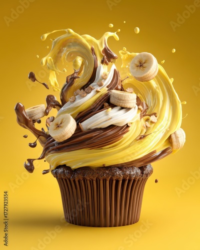 Dynamic Cupcake Explosion - Banana Cream and Chocolate Swirls on Yellow Background.