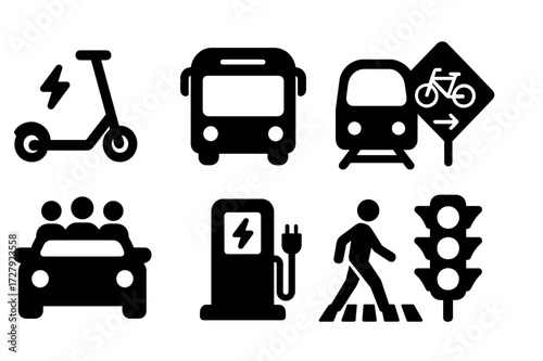 Sustainable Transport Icons. Solid, filled icon set of sustainable transportation: electric scooter, bus, train, bike lane, carpool, charging