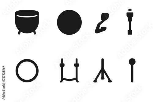 Timpani Parts Icons. Solid, filled icon set of timpani parts: drum shell, drumhead, pedal, tuning mechanism, hoop, tension rods, leg braces, mallet. Solid,