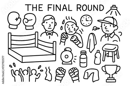 Final Round Showdown. Hand-drawn doodle illustration The Final Round [boxing gloves, referee, bell, ring ropes, spotlight, sweat drops, determined face, clock,