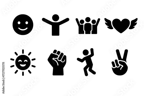 Freedom Icons Set. Solid, filled icon set of freedom emotions: joyful face, open arms, cheering crowd, heart with wings, smiling sun, raised fist, dancing