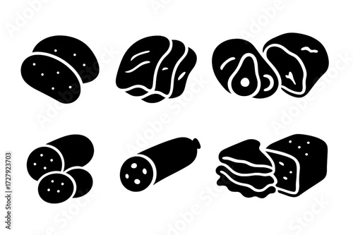 Deli Meats Icons. Solid, filled icon set of deli meats: turkey slices, roast beef slices, ham slices, pastrami, bologna, salami, corned beef, meat loaf. Solid,