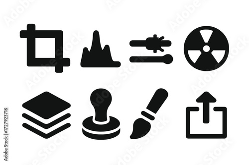 Photography Editing Icons. Solid, filled icon set of photography editing tools: crop tool, histogram, brightness slider, color wheel, layers panel, clone