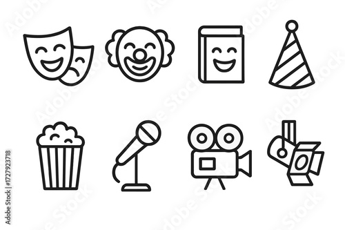Laughter Icon Set. Outline icon set of laughter and entertainment: comedy show, clown face, joke book, party hat, popcorn, stage microphone, film camera,
