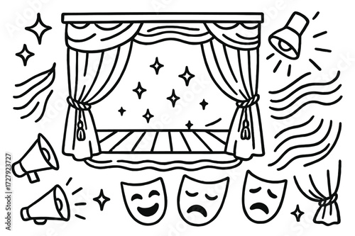 Theater Icons Doodle. Hand-drawn doodle illustration Theater curtain opening stage curtain, spotlight, stage frame, tassels, rope ties, folds, stars, comedy