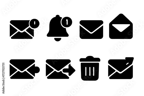 Mail Notification Icons. Solid, filled icon set of mail notifications: envelope with alert, bell notification, unread mail, mail opened, mail replied, mail