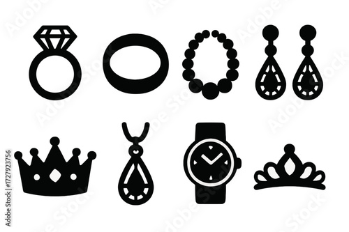 Luxury Jewelry Icons. Solid, filled icon set of luxury jewelry: diamond ring, gold bracelet, pearl necklace, ruby earrings, crown, sapphire pendant, watch,