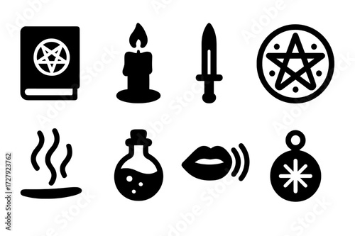 Curse Ritual Icon Set. Solid, filled icon set of curse rituals: spell book, burning candle, ritual dagger, magic circle, incense smoke, potion bottle, chanting