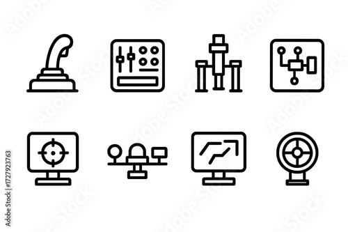 Turret Control Icons. Outline icon set of turret control systems: joystick, control panel, hydraulic system, electronic interface, targeting computer, sensor