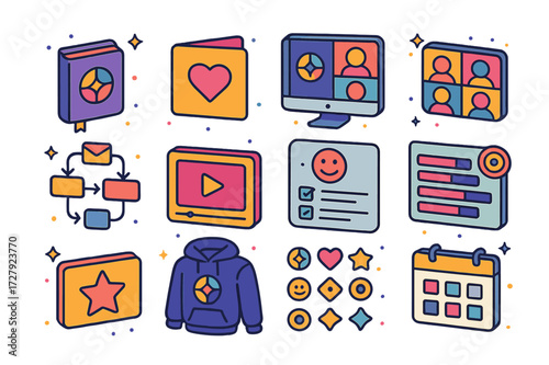 Colorful Isometric Coaching Icons. Colorful isometric vector icons set of Personal Coach Identity: branded journal, affirmation card, coaching workbook, Zoom