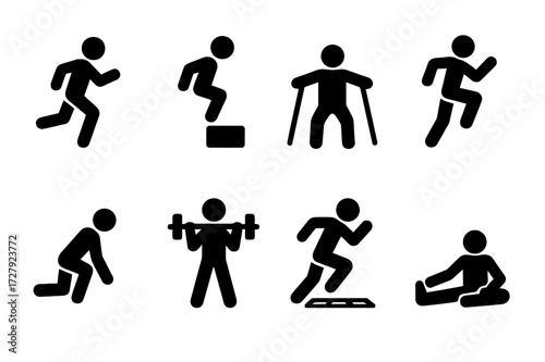 Sprint Training Icons. Solid, filled icon set of sprint training: interval training, plyometrics, resistance bands, sprint drills, strength training, sprint