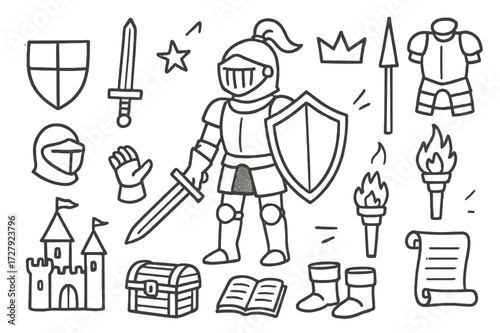 Medieval Knight Essentials. Hand-drawn doodle illustration knight sword props longsword, shield, helmet, gauntlet, crown, armor, lance, torch, flag, star,