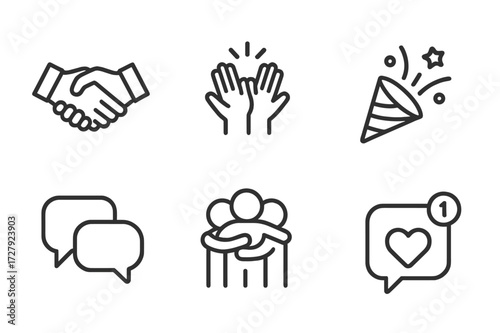 Icons of Social Joy. Outline icon set of excitement and social interaction: handshake, high five, group hug, party popper, speech bubbles, thumbs up, heart