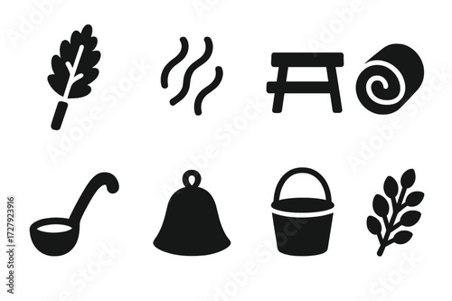Sauna Ritual Icons. Solid, filled icon set of sauna rituals: birch whisk, steam wave, sauna bench, towel roll, water ladle, sauna hat, sauna bucket, birch